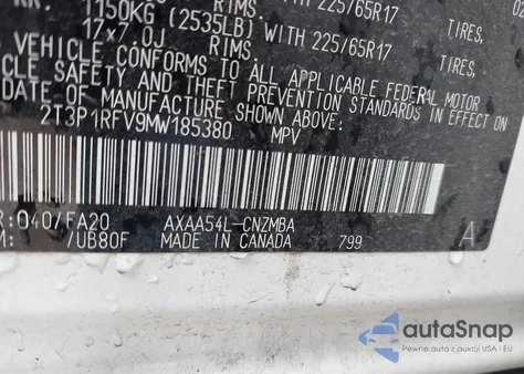 2021 Toyota Rav4 Xle z USA, uszkodzony, nr VIN 2T3P1RFV9MW185380